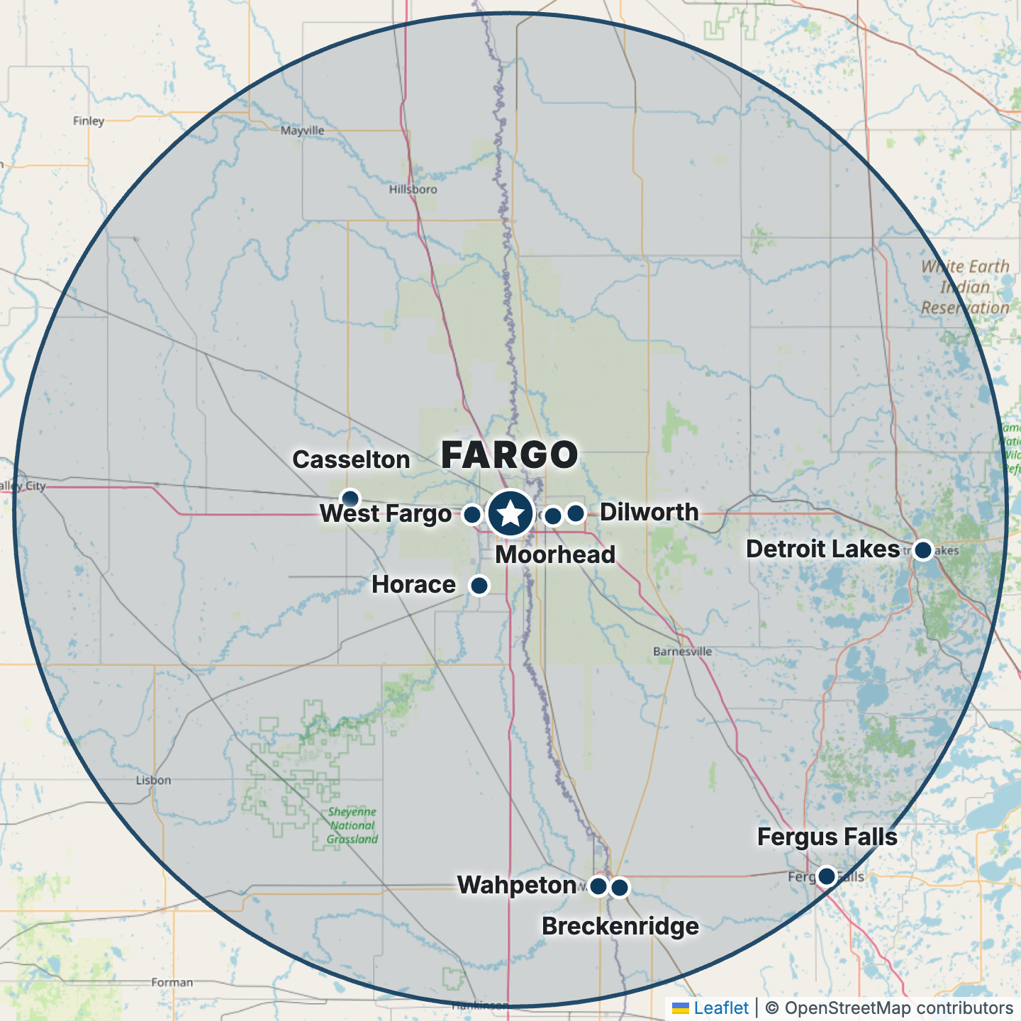 Map of the Fargo, ND service area: a one-hour circle covering West Fargo, Moorhead, Dilworth, Horace, Casselton, Wahpeton, Breckenridge, Detroit Lakes and Fergus Falls