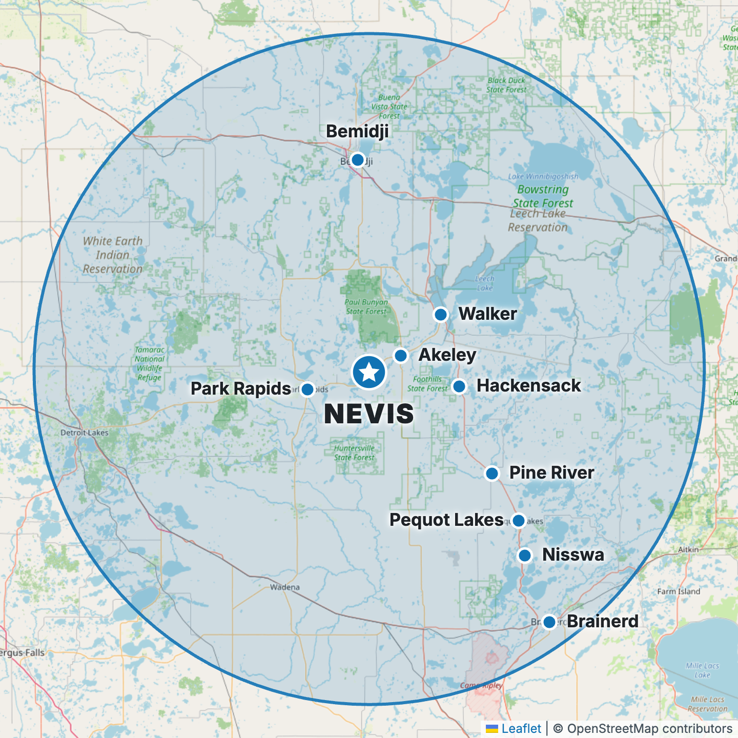 Map of the Nevis, MN service area: a one-hour circle covering Park Rapids, Walker, Bemidji, Akeley, Hackensack, Pequot Lakes, Pine River, Nisswa and Brainerd